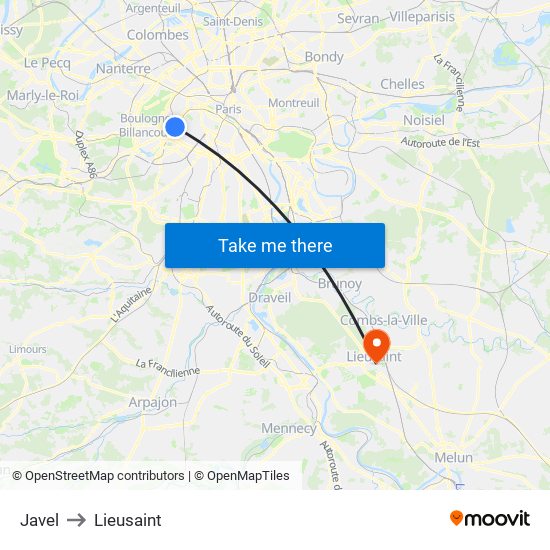 Javel to Lieusaint map
