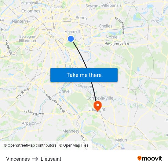 Vincennes to Lieusaint map