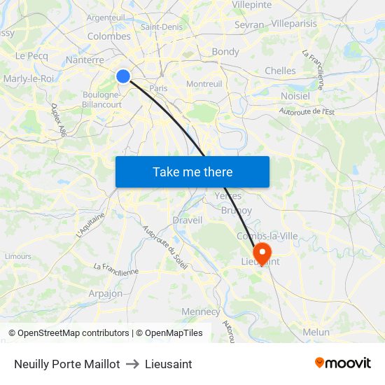 Neuilly Porte Maillot to Lieusaint map