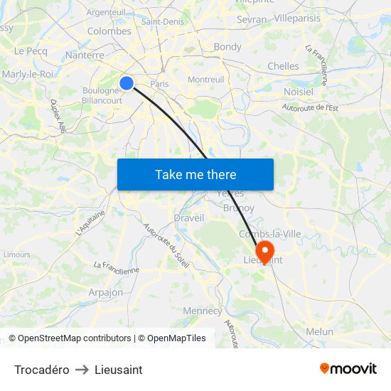 Trocadéro to Lieusaint map