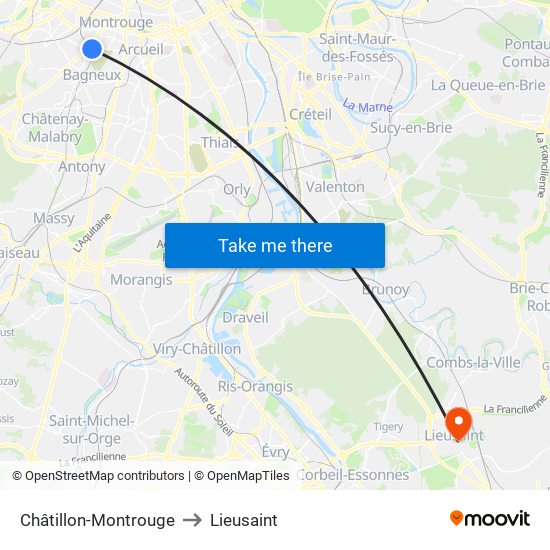 Châtillon-Montrouge to Lieusaint map