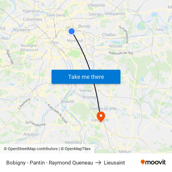 Bobigny - Pantin - Raymond Queneau to Lieusaint map