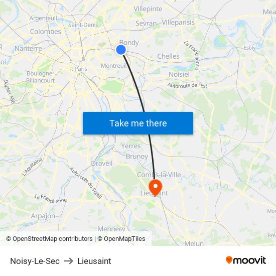 Noisy-Le-Sec to Lieusaint map