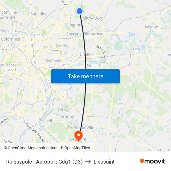 Roissypole - Aéroport Cdg1 (D3) to Lieusaint map