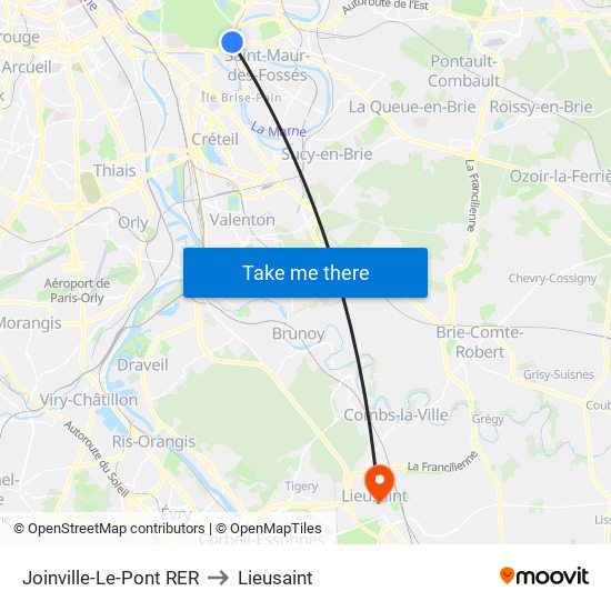 Joinville-Le-Pont RER to Lieusaint map