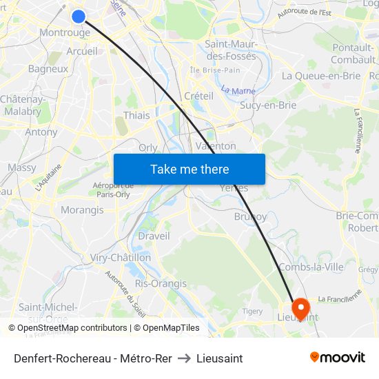 Denfert-Rochereau - Métro-Rer to Lieusaint map