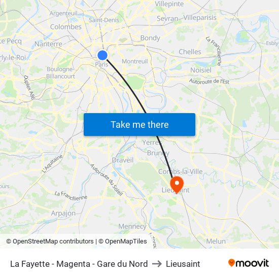 La Fayette - Magenta - Gare du Nord to Lieusaint map