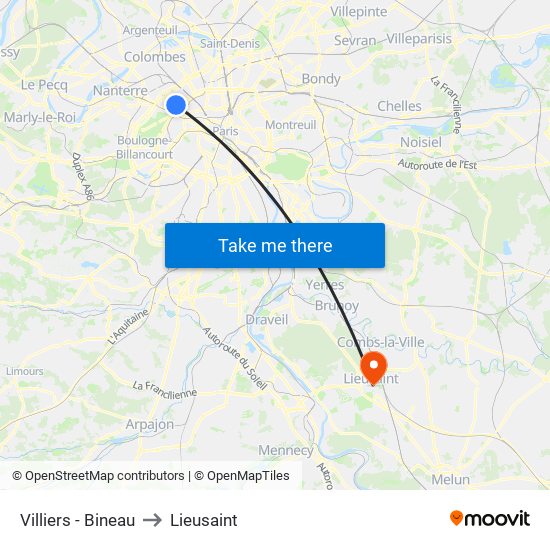 Villiers - Bineau to Lieusaint map