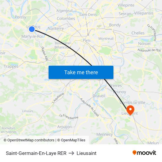 Saint-Germain-En-Laye RER to Lieusaint map