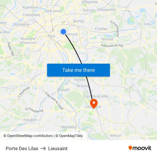 Porte Des Lilas to Lieusaint map