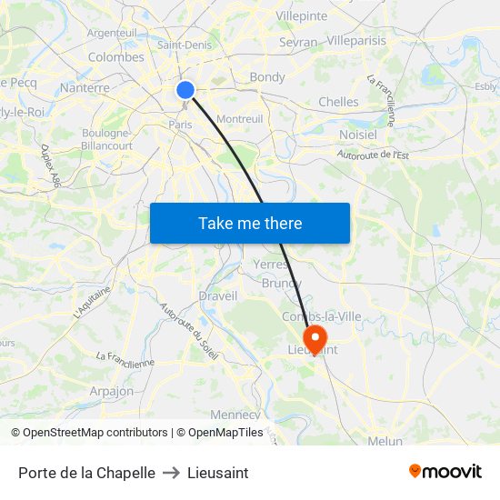 Porte de la Chapelle to Lieusaint map