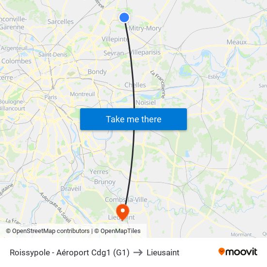 Roissypole - Aéroport Cdg1 (G1) to Lieusaint map