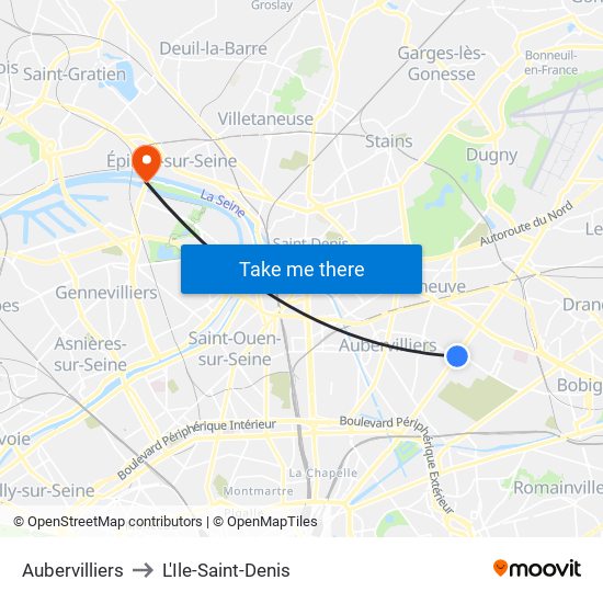 Aubervilliers to L'Ile-Saint-Denis map
