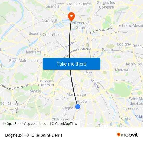 Bagneux to L'Ile-Saint-Denis map