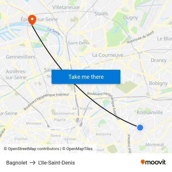Bagnolet to L'Ile-Saint-Denis map