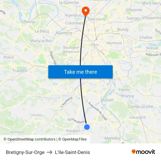 Bretigny-Sur-Orge to L'Ile-Saint-Denis map