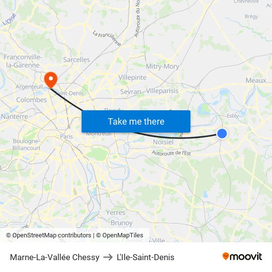 Marne-La-Vallée Chessy to L'Ile-Saint-Denis map