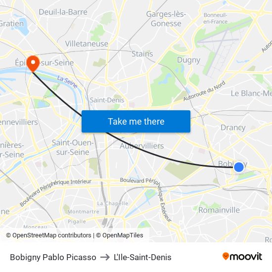 Bobigny Pablo Picasso to L'Ile-Saint-Denis map