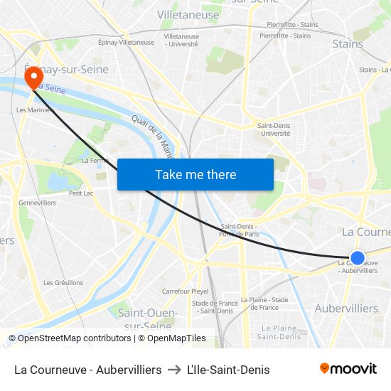 La Courneuve - Aubervilliers to L'Ile-Saint-Denis map
