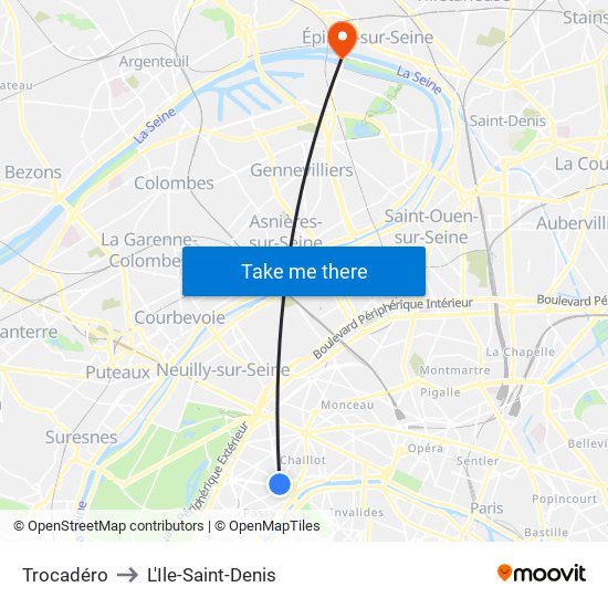 Trocadéro to L'Ile-Saint-Denis map