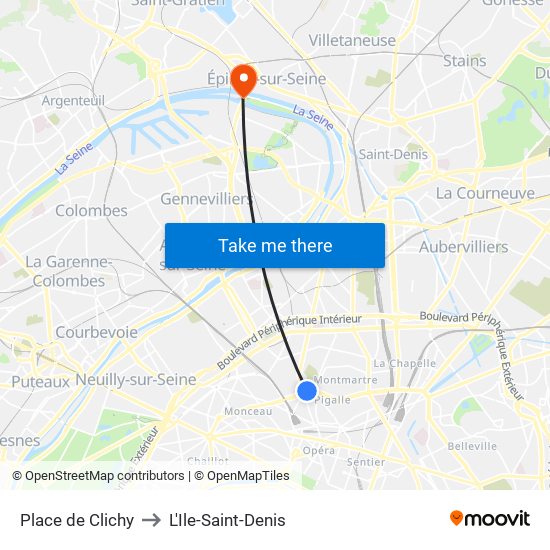 Place de Clichy to L'Ile-Saint-Denis map