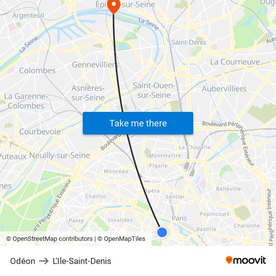 Odéon to L'Ile-Saint-Denis map