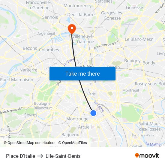 Place D'Italie to L'Ile-Saint-Denis map