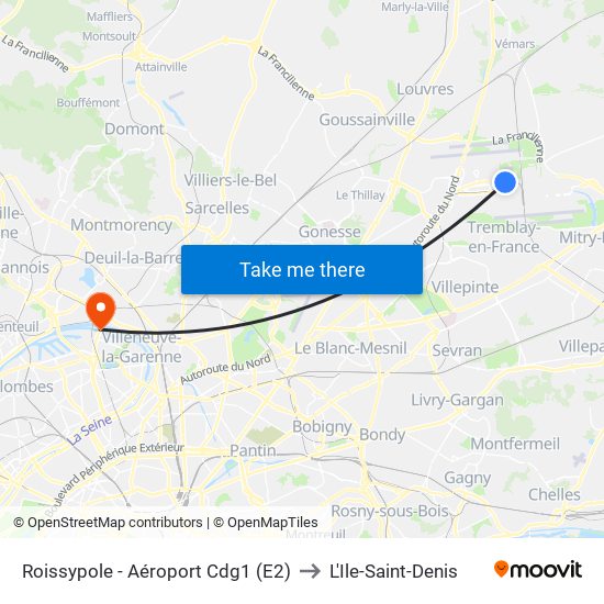 Roissypole - Aéroport Cdg1 (E2) to L'Ile-Saint-Denis map