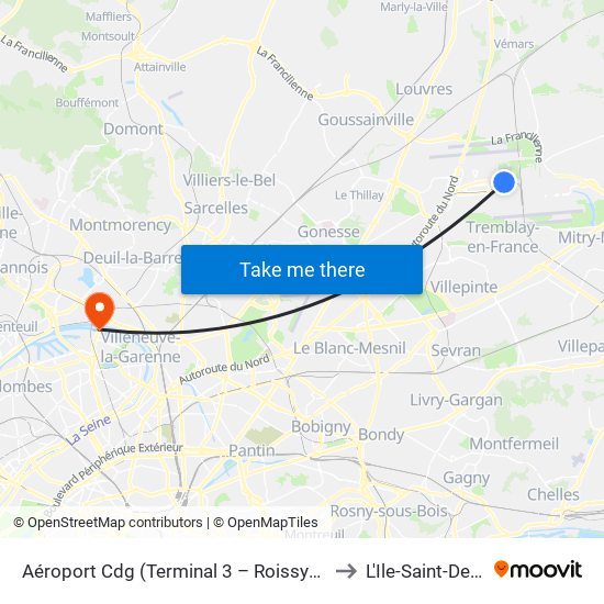 Aéroport Cdg (Terminal 3 – Roissypôle) to L'Ile-Saint-Denis map