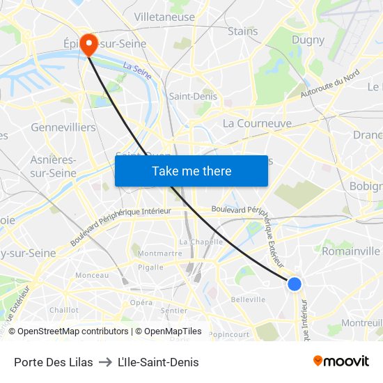 Porte Des Lilas to L'Ile-Saint-Denis map