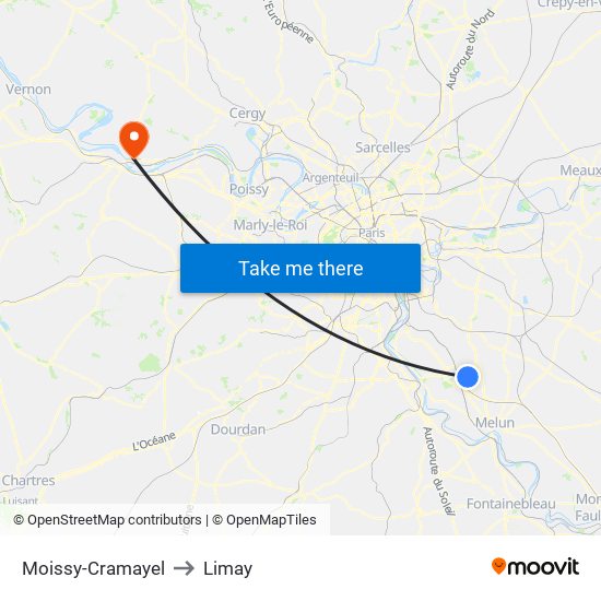 Moissy-Cramayel to Limay map