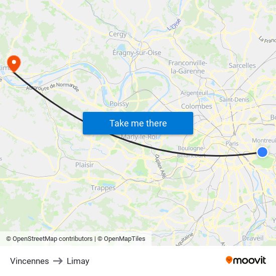 Vincennes to Limay map
