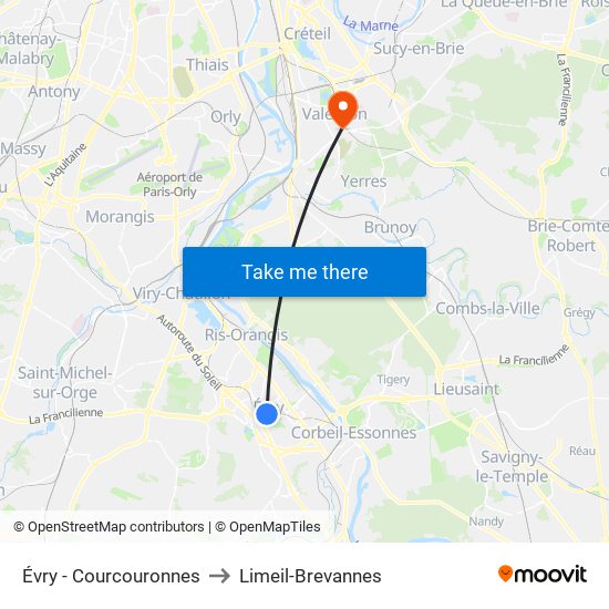 Évry - Courcouronnes to Limeil-Brevannes map