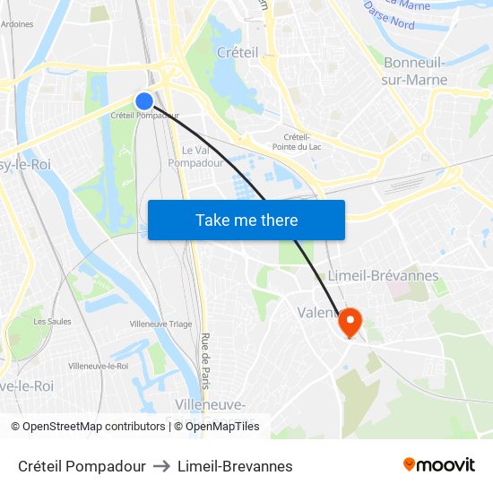 Créteil Pompadour to Limeil-Brevannes map