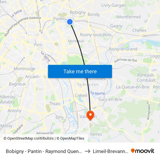 Bobigny - Pantin - Raymond Queneau to Limeil-Brevannes map