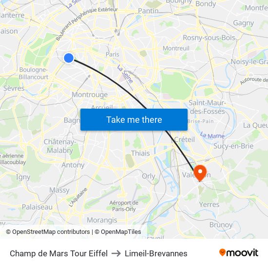 Champ de Mars Tour Eiffel to Limeil-Brevannes map