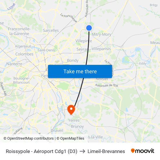 Roissypole - Aéroport Cdg1 (D3) to Limeil-Brevannes map