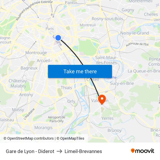 Gare de Lyon - Diderot to Limeil-Brevannes map