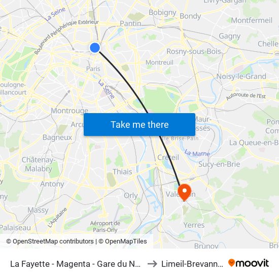 La Fayette - Magenta - Gare du Nord to Limeil-Brevannes map