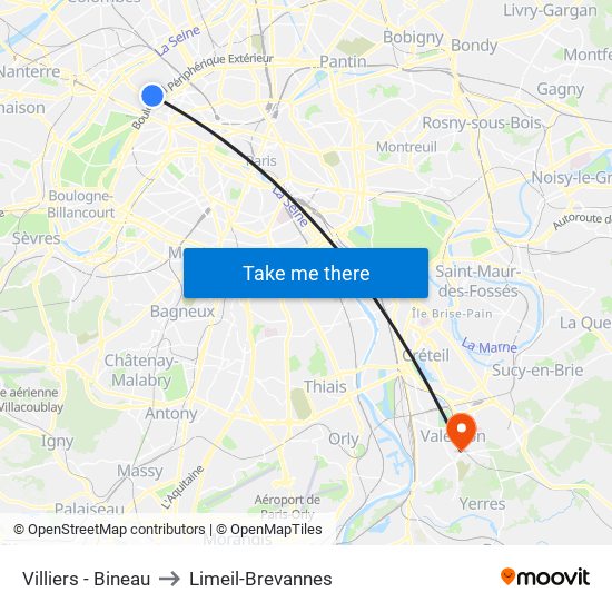 Villiers - Bineau to Limeil-Brevannes map