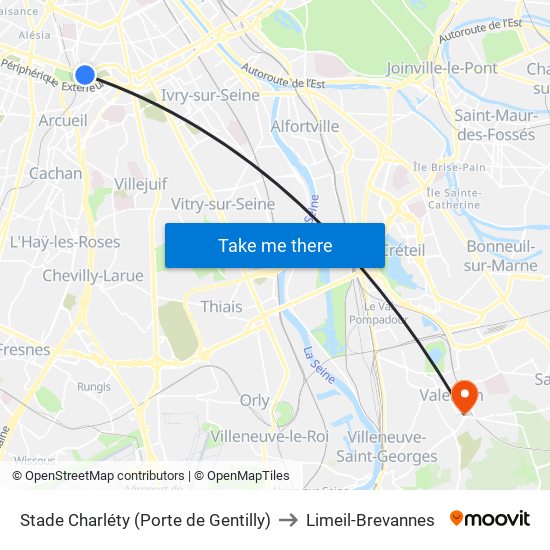 Stade Charléty (Porte de Gentilly) to Limeil-Brevannes map