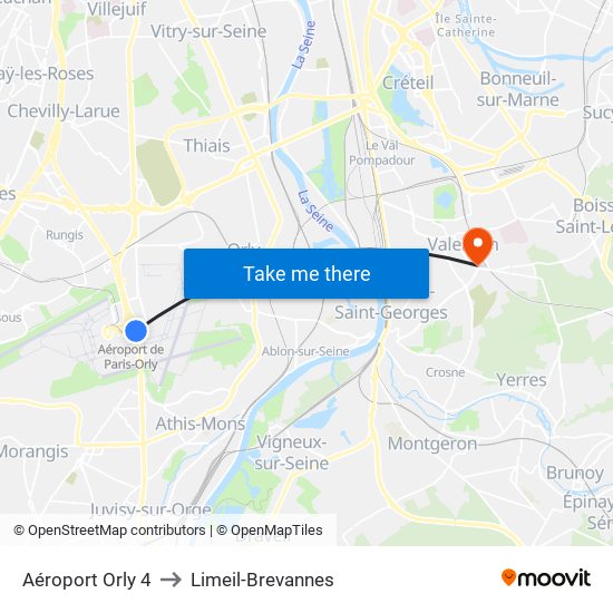 Aéroport Orly 4 to Limeil-Brevannes map