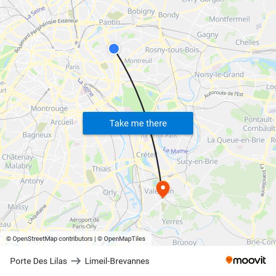 Porte Des Lilas to Limeil-Brevannes map