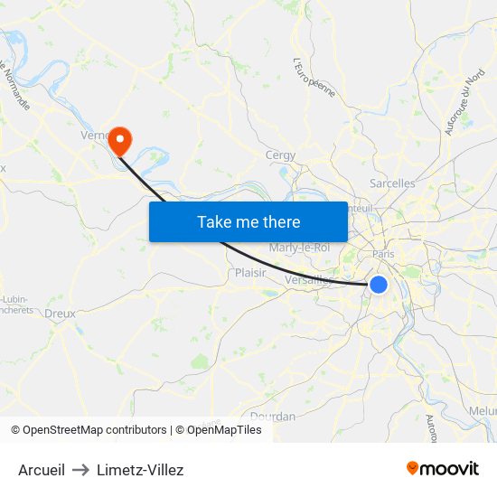 Arcueil to Limetz-Villez map