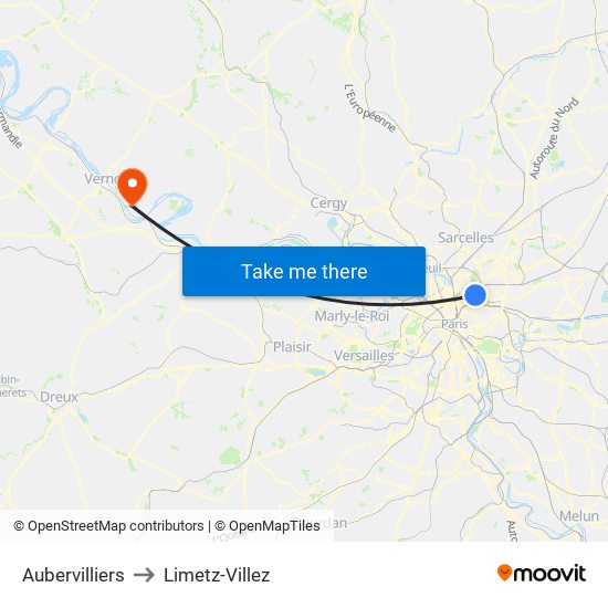Aubervilliers to Limetz-Villez map