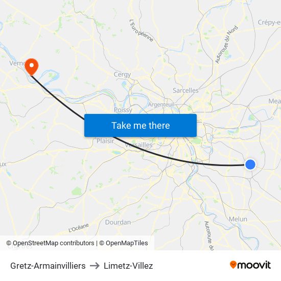 Gretz-Armainvilliers to Limetz-Villez map