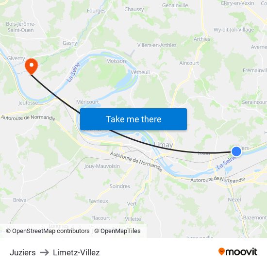 Juziers to Limetz-Villez map