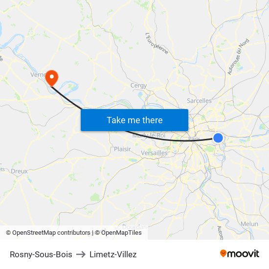 Rosny-Sous-Bois to Limetz-Villez map