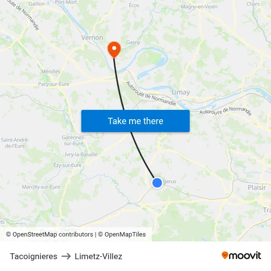 Tacoignieres to Limetz-Villez map