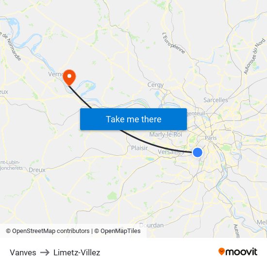 Vanves to Limetz-Villez map